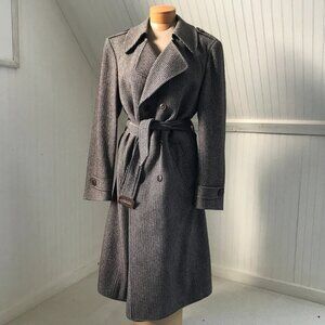 Vintage 1970s Italian Wool Tweed Spy Belted Trench Coat, M-L (Mens)